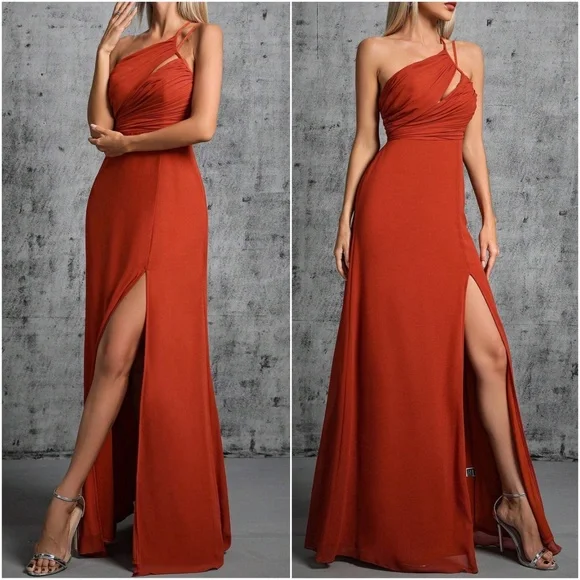 Luxe One Shoulder Lace up Back Maxi Dress - Picture 2 of 4